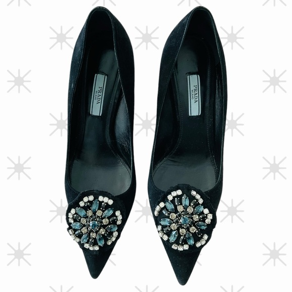 Prada Pointy Toe Pumps Kitten Stiletto Heels 39 Black Suede Crystal Brooch EUC🖤 - Picture 6 of 11